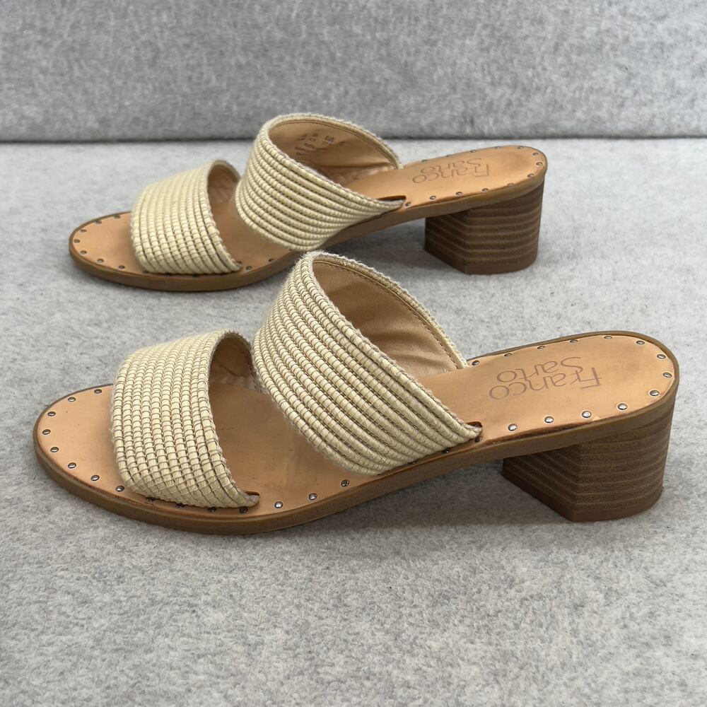 Franco Sarto Kiki Block Heel Raffia Slip On Strap Sandal-Tan- Cream -Women  7.5